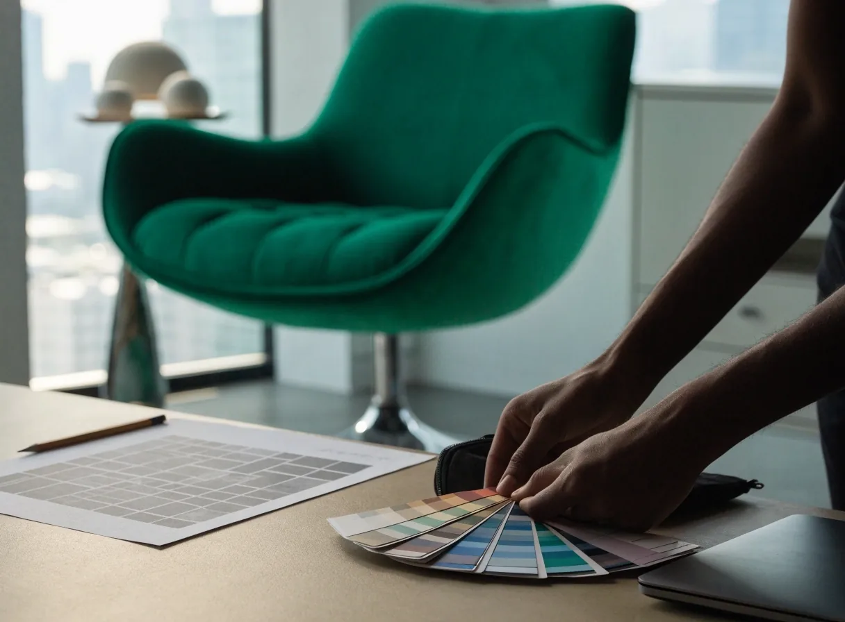A designer's desk with a colour swatch fan and pencil over a printed layout