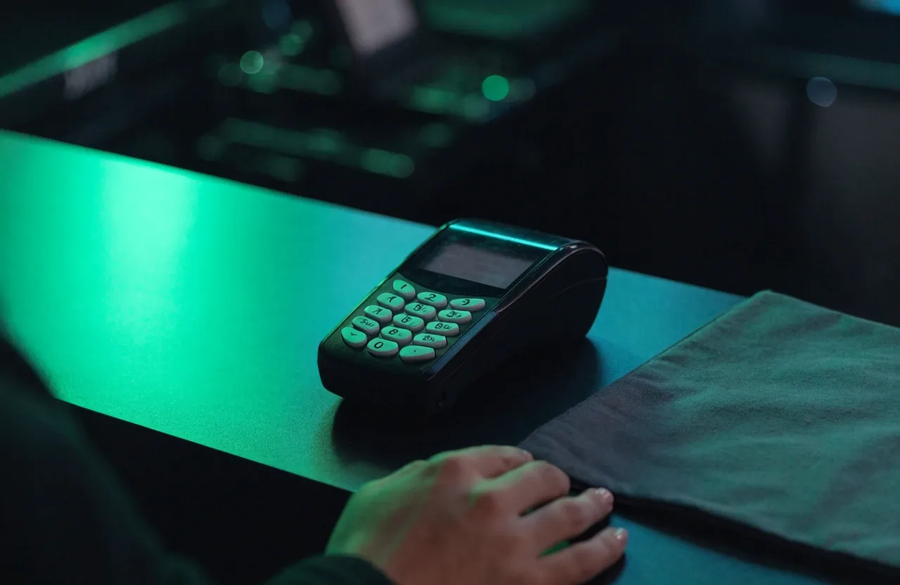 Card payment terminal on a studio counter during an e-commerce project handover