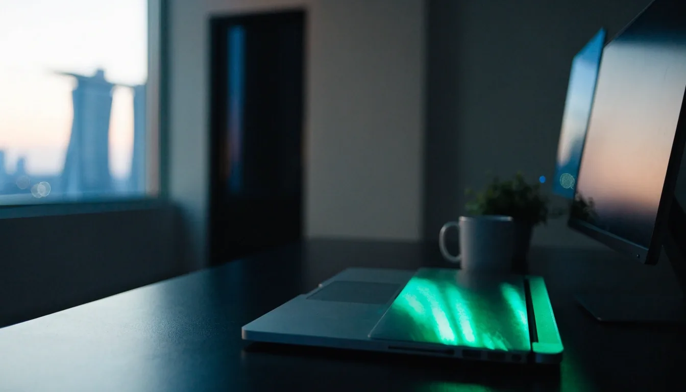 A dim studio workstation at dusk with a softly glowing screen and emerald ambient light