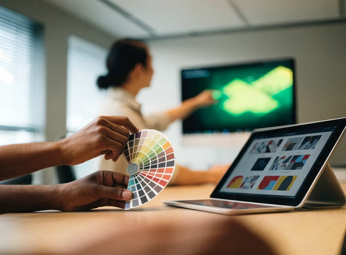 A designer reviewing responsive layout drafts at a studio workstation