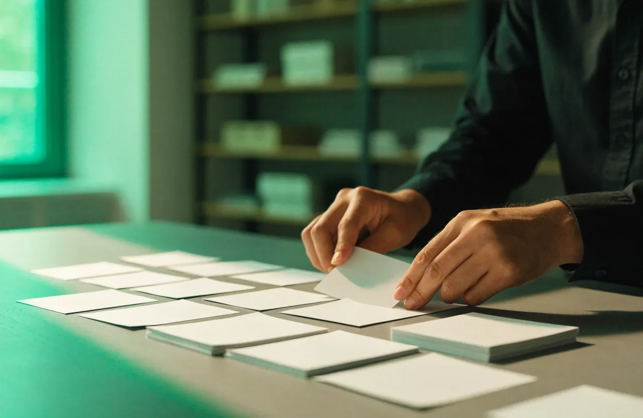 Blank planning cards pinned to a studio wall during structure work