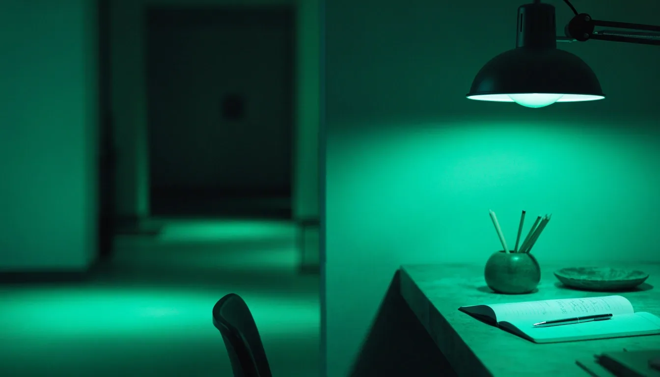 Low-lit design studio desk corner with a work lamp casting emerald ambient light