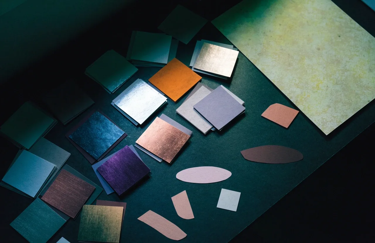 A fan of blank colour swatch cards spread on a matte desk