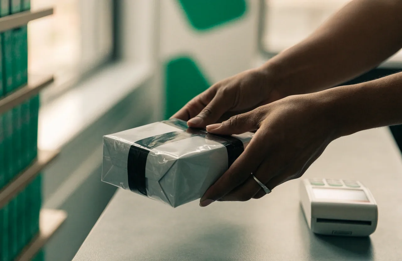 A card reader on a matte surface beside a small parcel