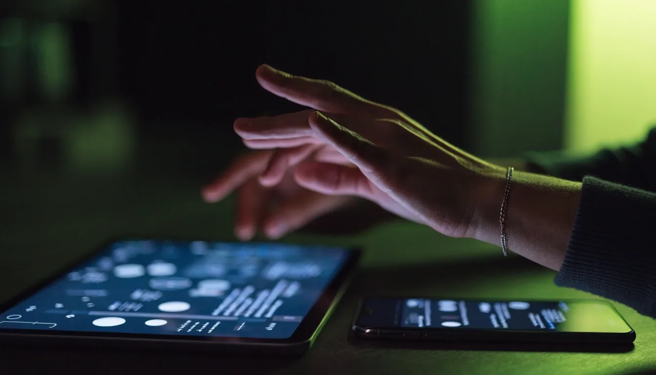 A phone held in hand showing an abstract colour field against a dark surface
