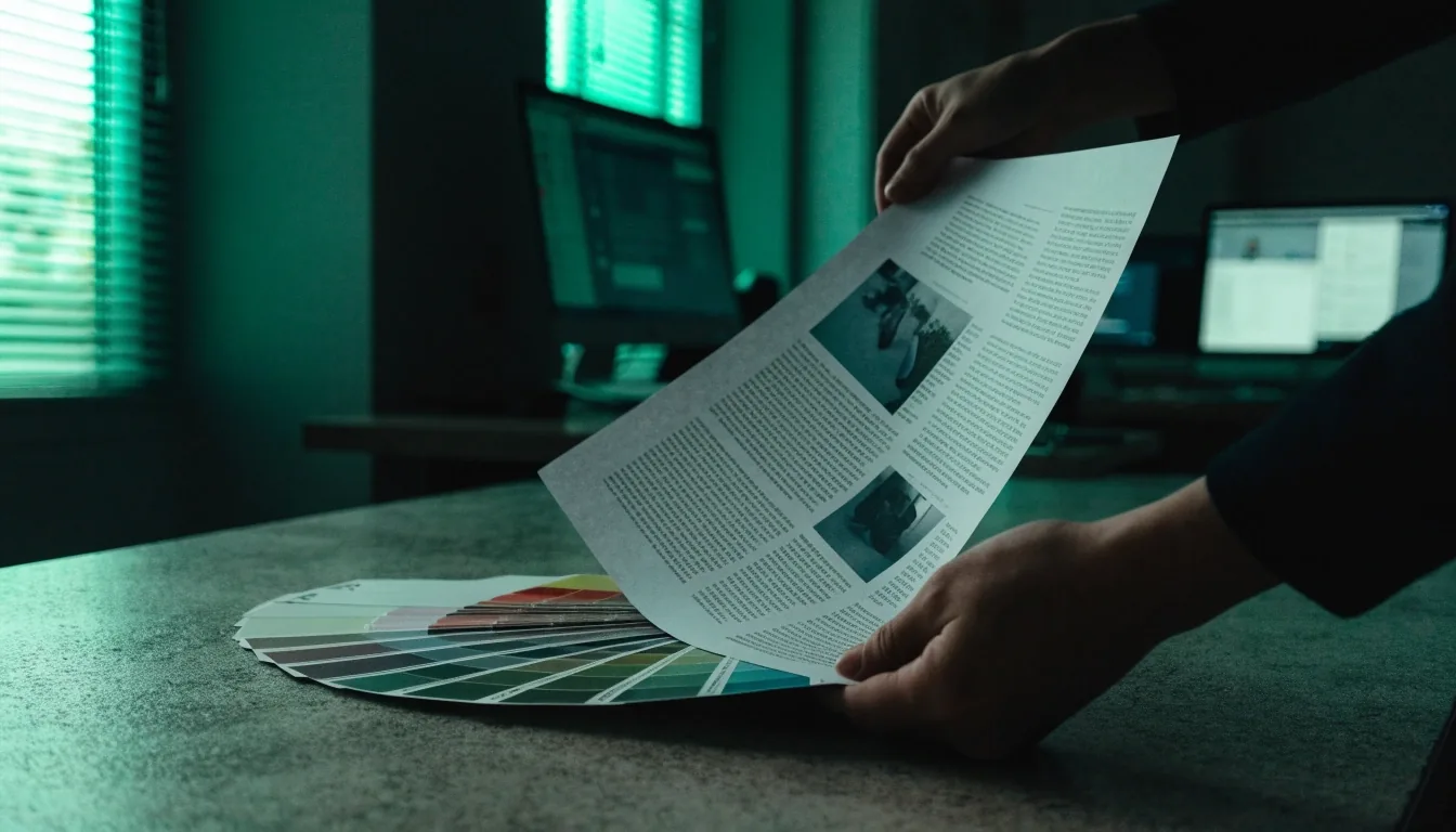 Paper layouts and a colour swatch fan spread on a studio table under low-key emerald light