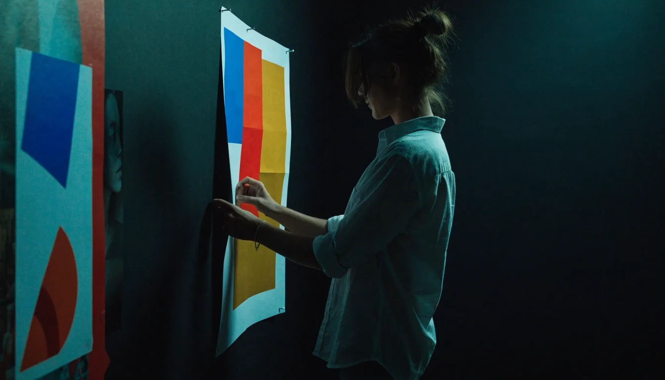 A person reviewing a pinned layout sheet on a studio wall from a few steps back