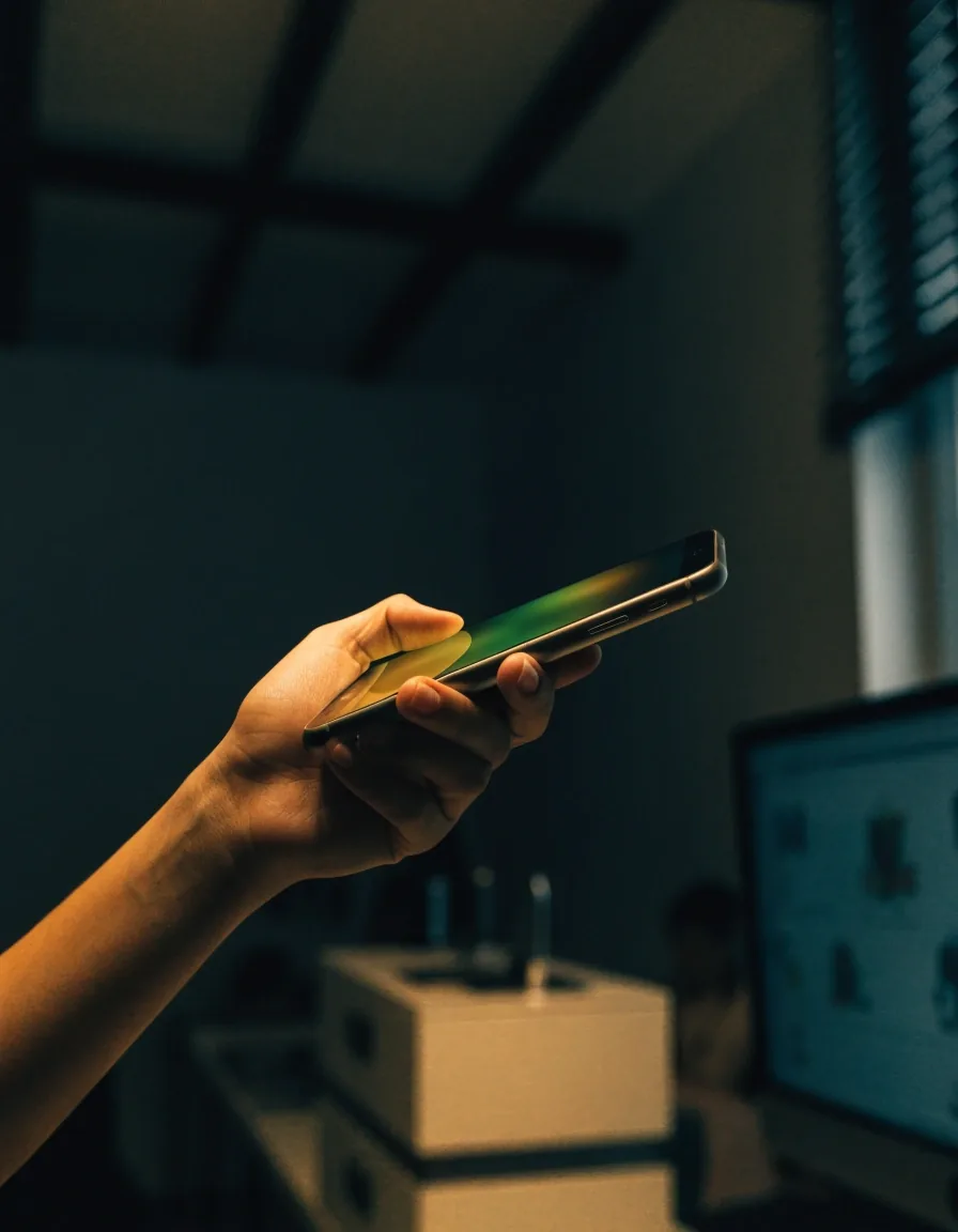 A hand holding a smartphone showing an abstract colour field in a dim studio